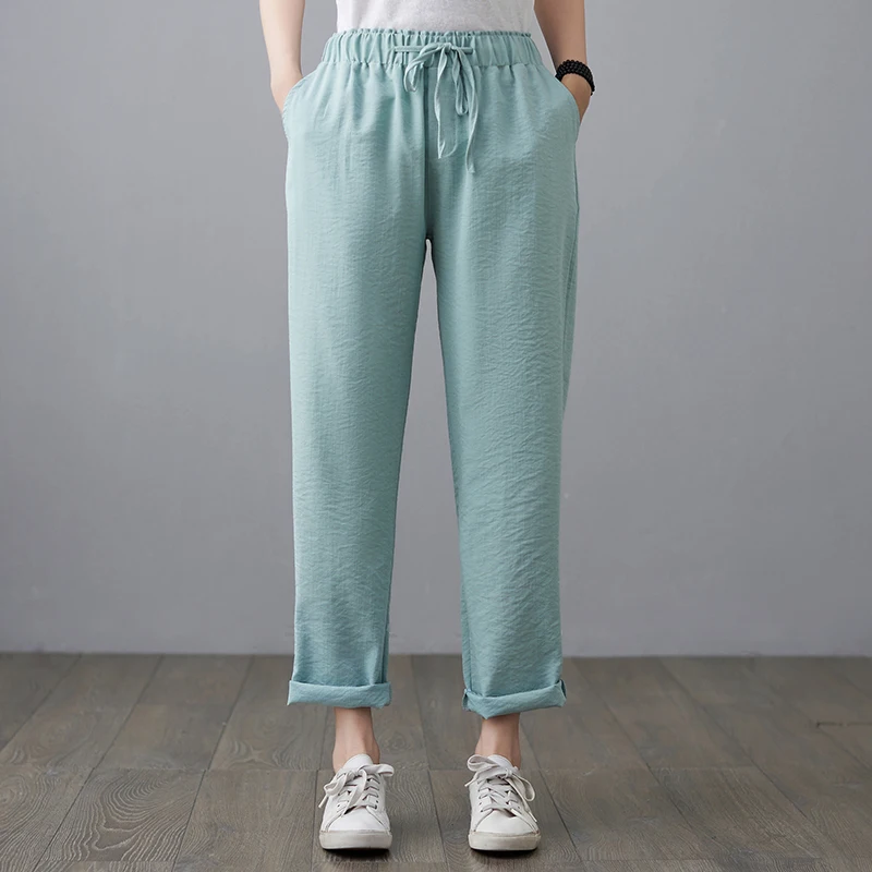 Женские свободные брюки до щиколотки повседневные хлопковые шаровары с высокой