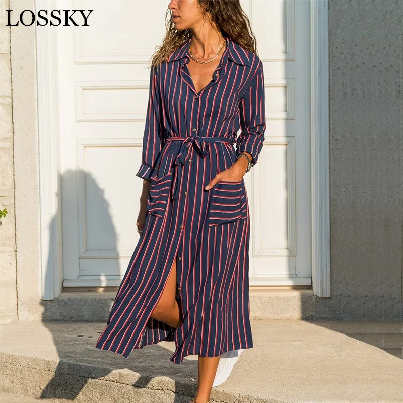 

Long Sleeve Shirt Dress Pocket Button Sashes 2020 Spring Boho Beach Dresses Women Casual Striped Print Midi Office Dress Vestido