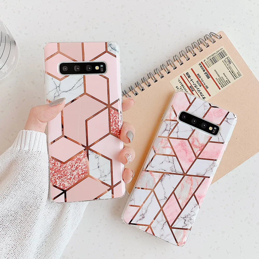 

LOVECOM Plating Geometric Marble Phone Case For Samsung Galaxy S21 S20 FE A50 A51 A52 S10 S8 S9 Plus Note 20 Soft IMD Back Cover