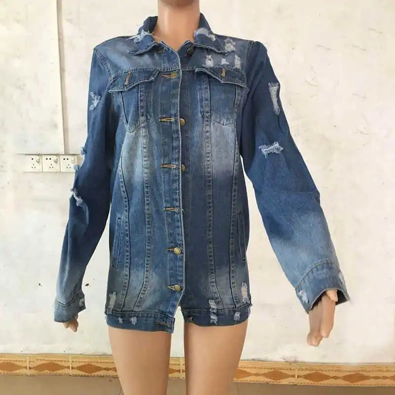 

Autumn Winter Fashion Women Boyfriend Denim Jacket Long Sleeve Ripped Holes Coats Ladies Oversize Vintage Denim Long Coats