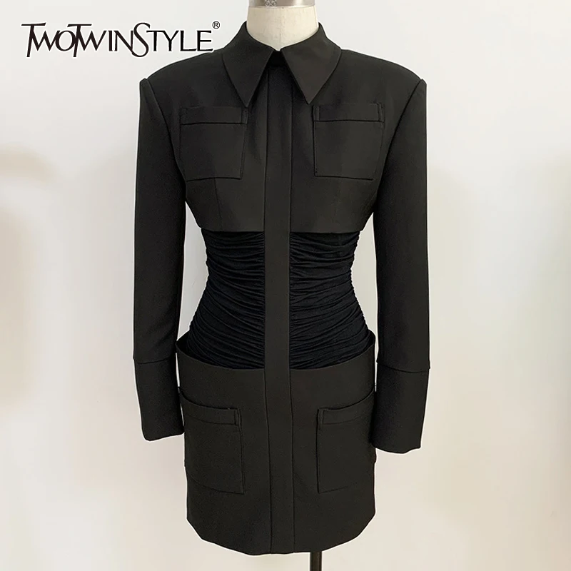 

TWOTWINSTYLE Casual Ruched Mini Dress For Women Lapel Long Sleeve High Waist Slim Shirt Dresses Female Fashion New Clothing 2021