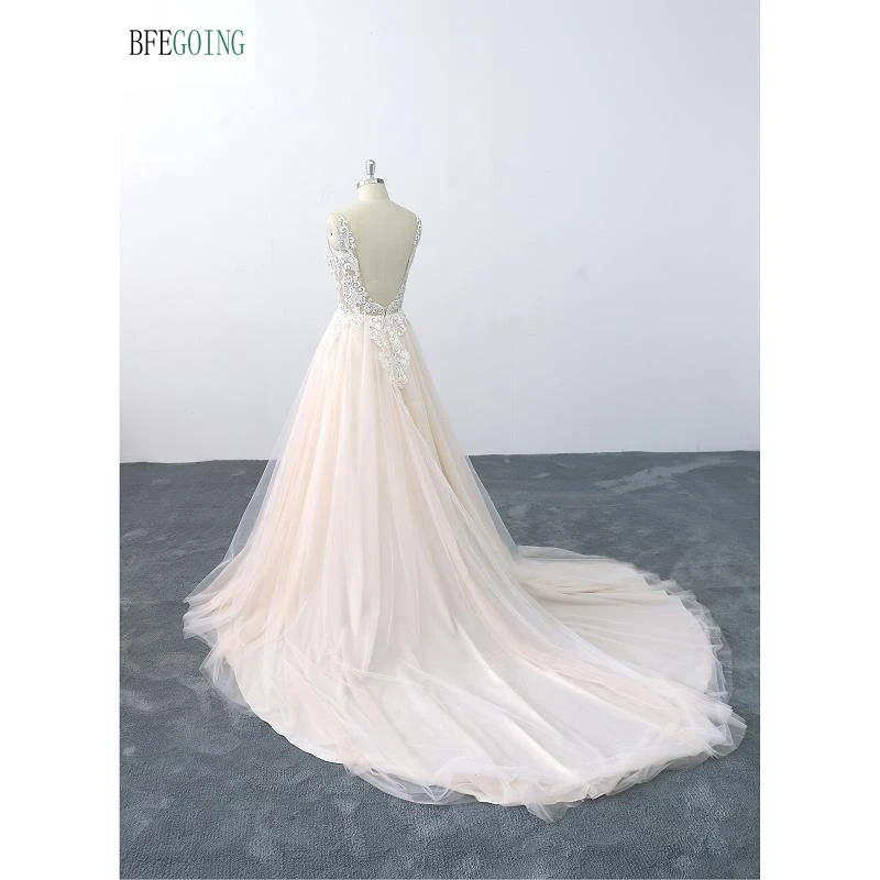 Ivory Lace Appliques Champagne Satin V-Neck Sleeveless Floor-Length A-Line Wedding Dress Chapel Train Custom Made | Свадьбы и