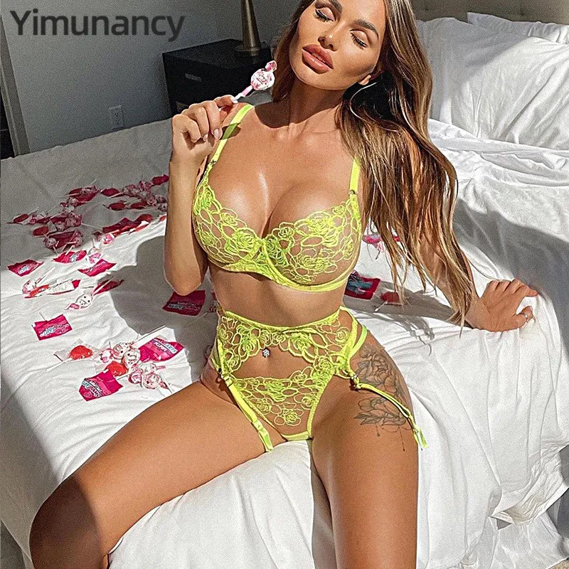 

Yimunancy 3-piece Floral Lace Bra Set Women Transparent Bra + Panty Sexy Underwear Set Lingerie Set