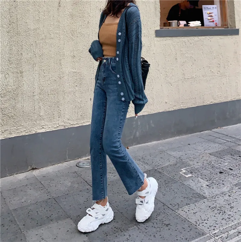 S-xl 2019 Осень корейский стиль Высокая талия расклешенные джинсы для женщин прямые