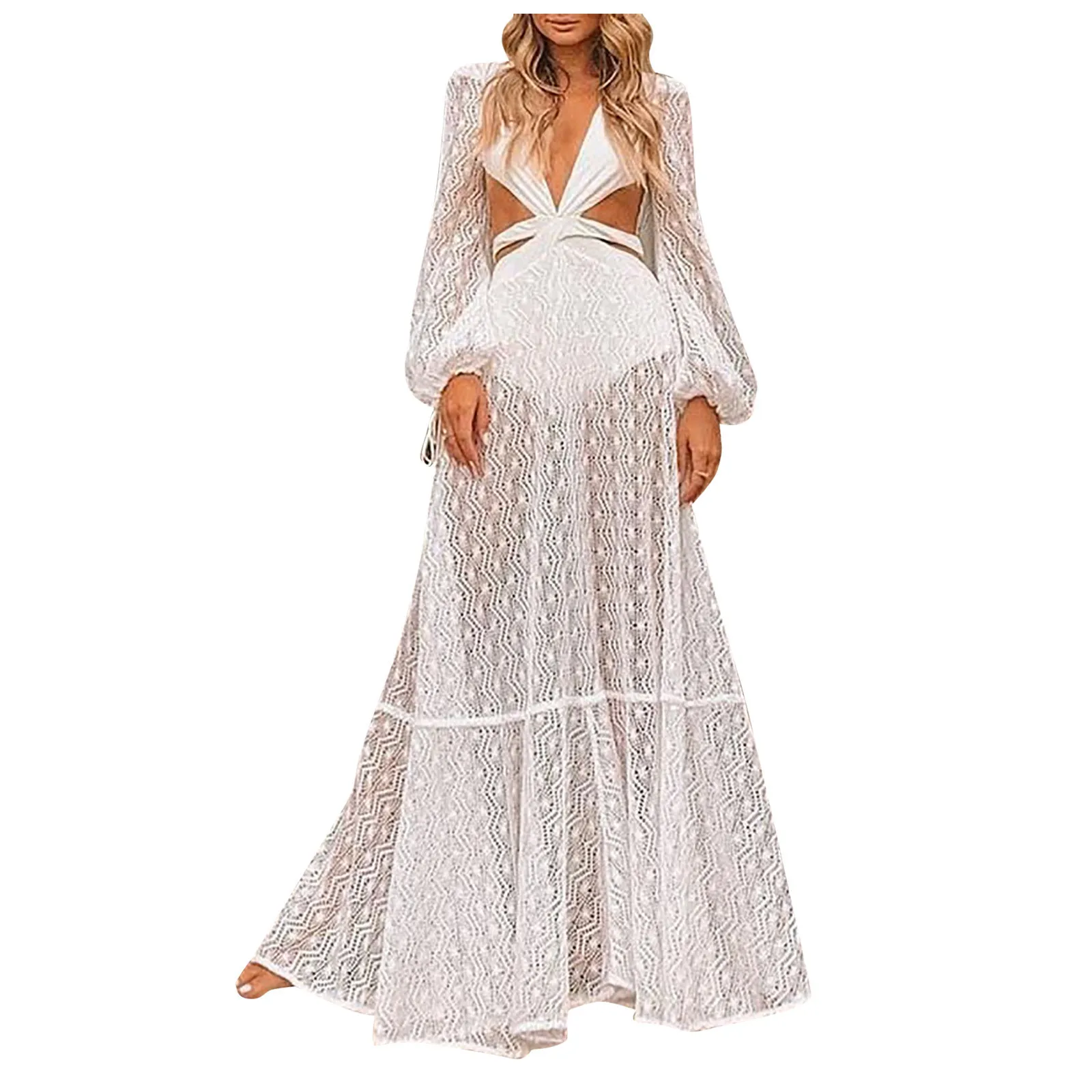 

Dress For Women Fashion Sexy Waist Hollow Open Back Floor Dress Lantern Long Sleeve Cut Out Transparent Lace Long Dress #294