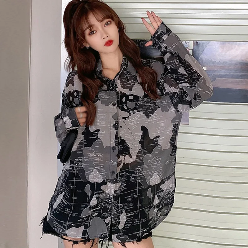 

Early Autumn Women Chic Map Print Shirt Top Retro Hong Kong Style Long Sleeve Loose Blouses