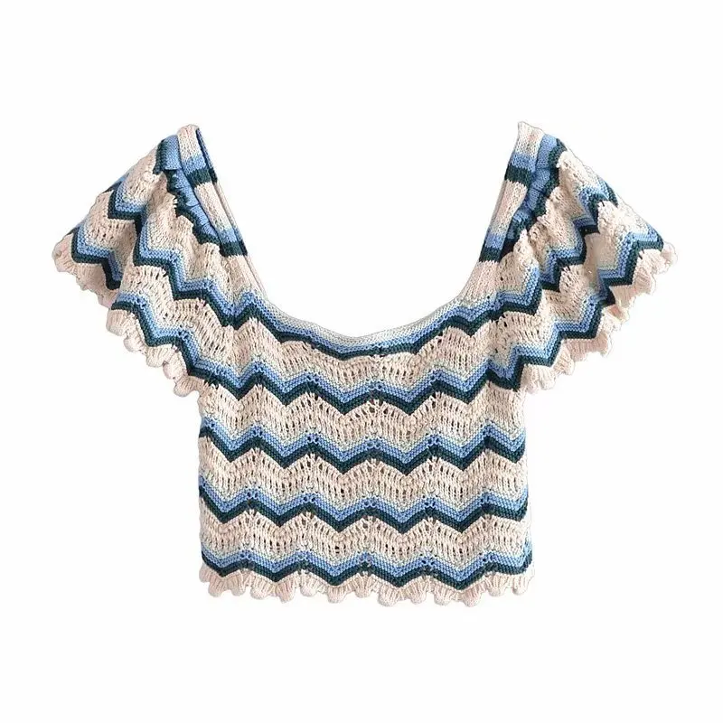 

HWLZLTZHT Women Tops White Blue Knit Crop Top Women Striped Button Up Shirt Summer 2021 Short Sleeve Crochet Ladies Tops Casual
