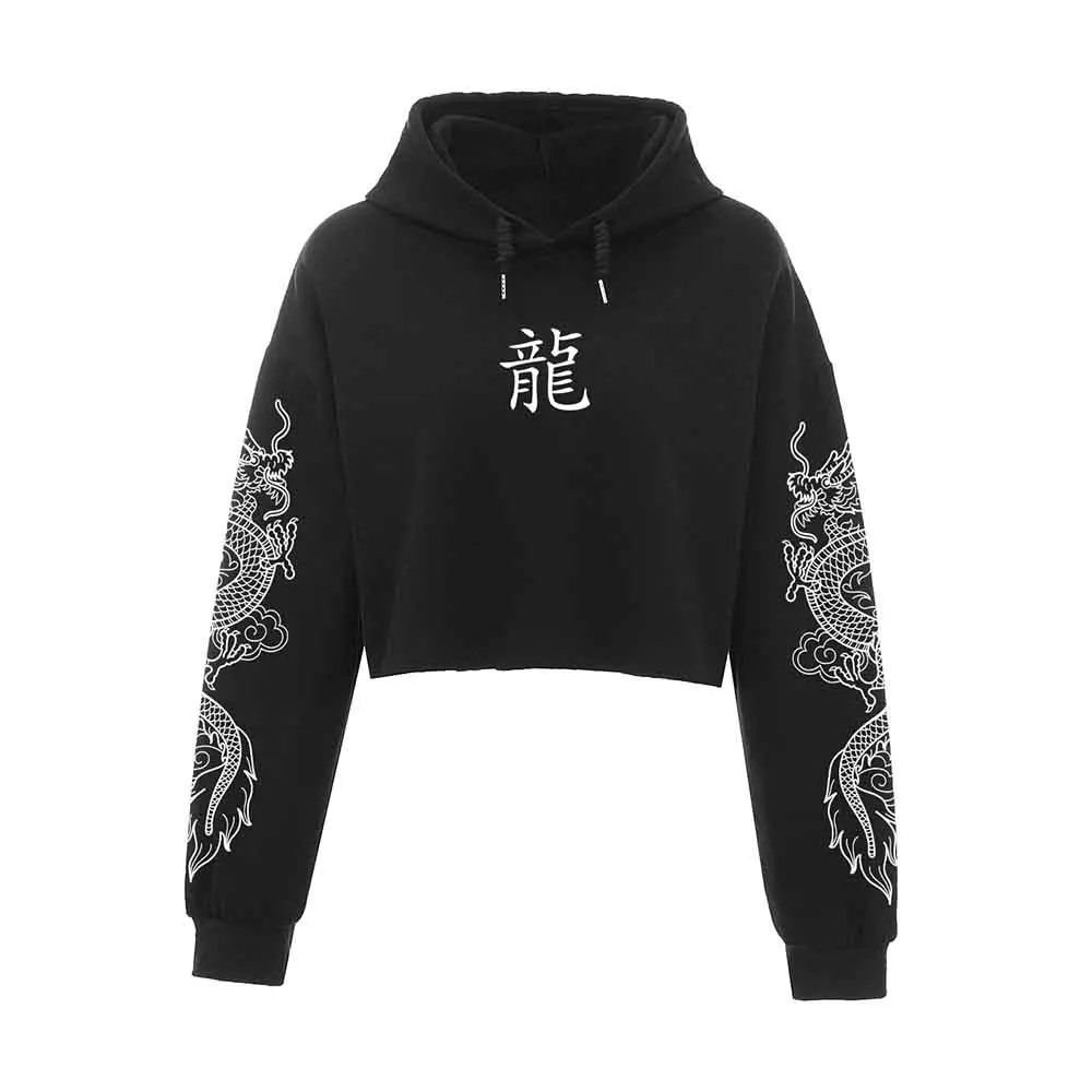 

Crop Top Hoodies for Teen Girls Chinese Dragon Print Hip Hop Pullover Sweatshirt Streetwear Aesthetic Clothes Black Long Sleeve