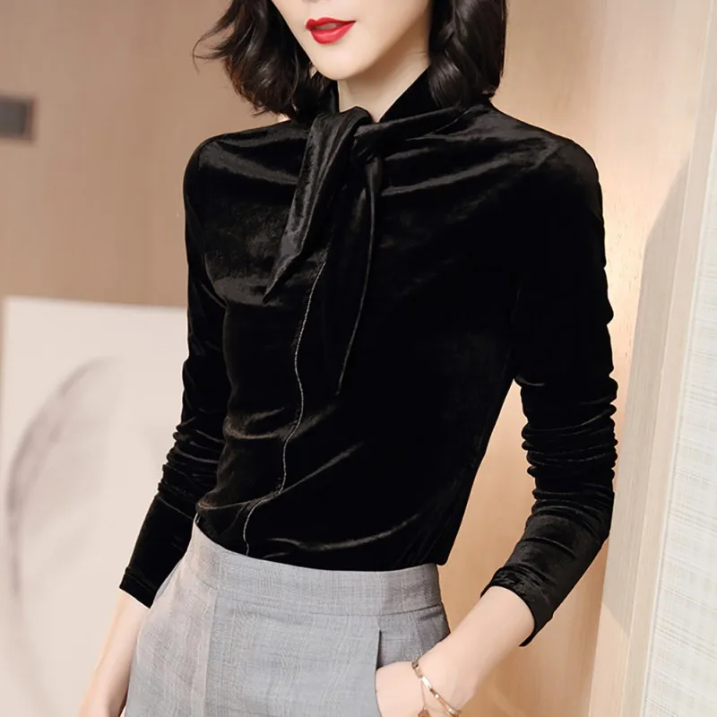 Женская футболка элегантная осенне зимняя теплая золотистая бархатная с высоким