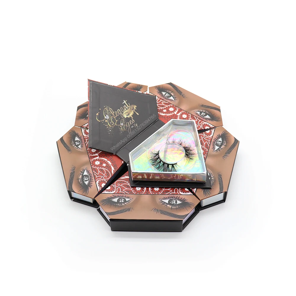 

Eyelash Vendor Diamond Shape Customized Boxes 3D Eyelash Mink Natural Thick False Eyelash Red Bandana Diamond Lashbox With Tray