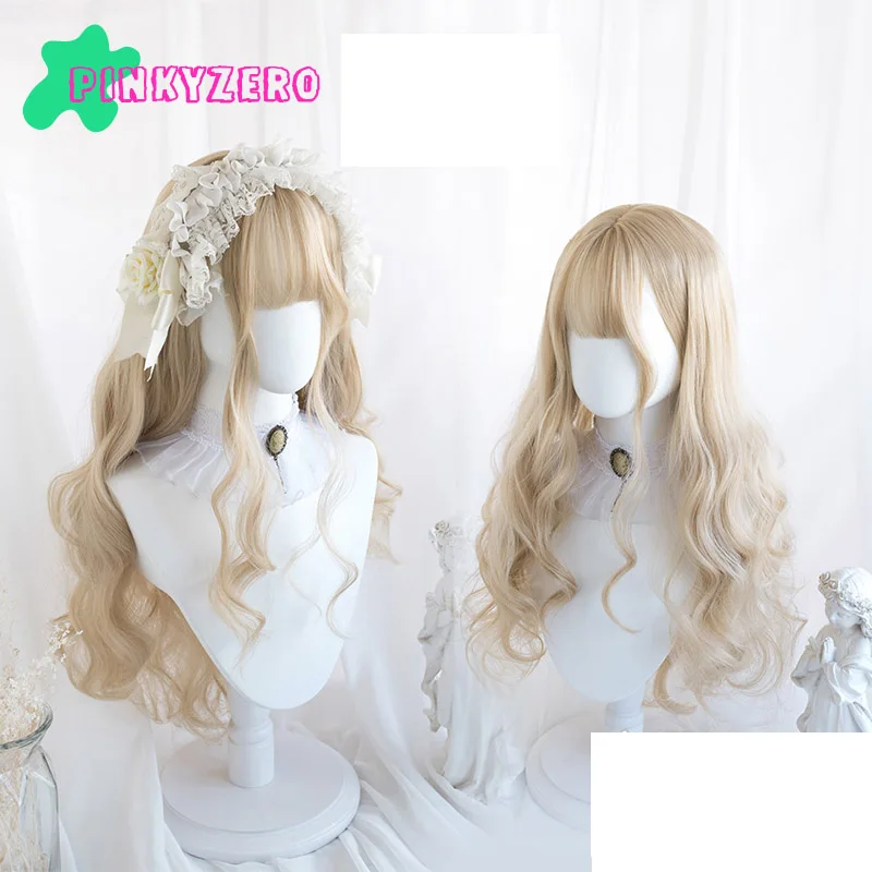 

Lolita Wig Harajuku Golden Blonde Sweet Curly Long Synthetic Hair Fringe Bangs for Adult Girls Women Cute Daily Wear