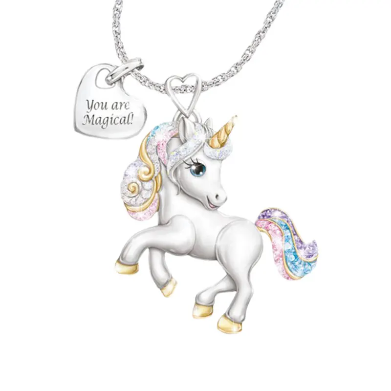 

Classic Rainbow Unicorn Heart Pendant Necklace for Kids Women Cartoon Chains Necklaces with You Are Magical Letter Jewelry Gifts