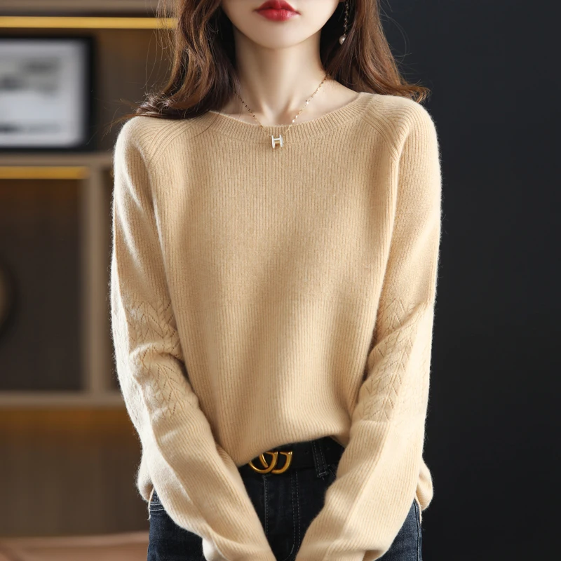 

Autumn Winter Round Neck Pure Wool Pullover Women's Bottoming Sweater Sleeve Jacquard Raglan Sleeves With Solid Color Knit Top