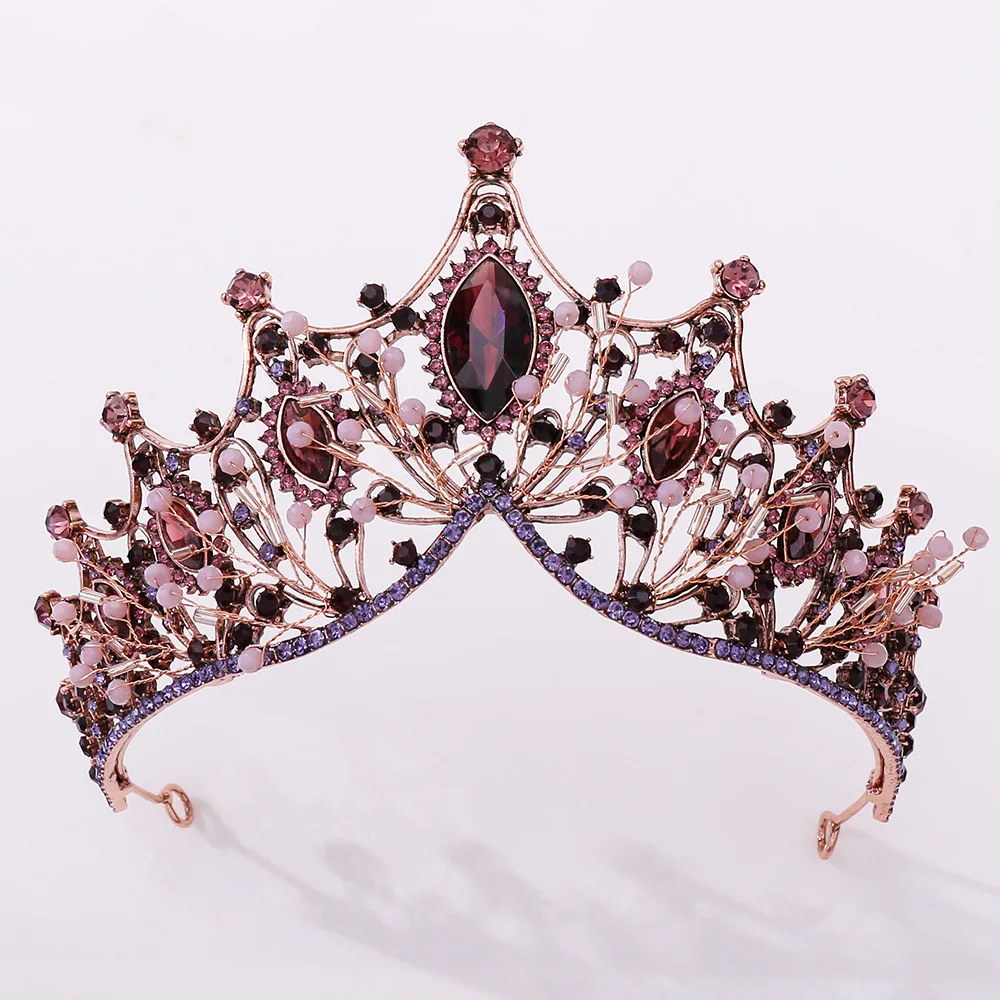 Baroque Vintage Purple Crystal Beads Bridal Tiaras Crown Bride Hairband Black Rhinestone Pageant Diadem Wedding Hair Accessories