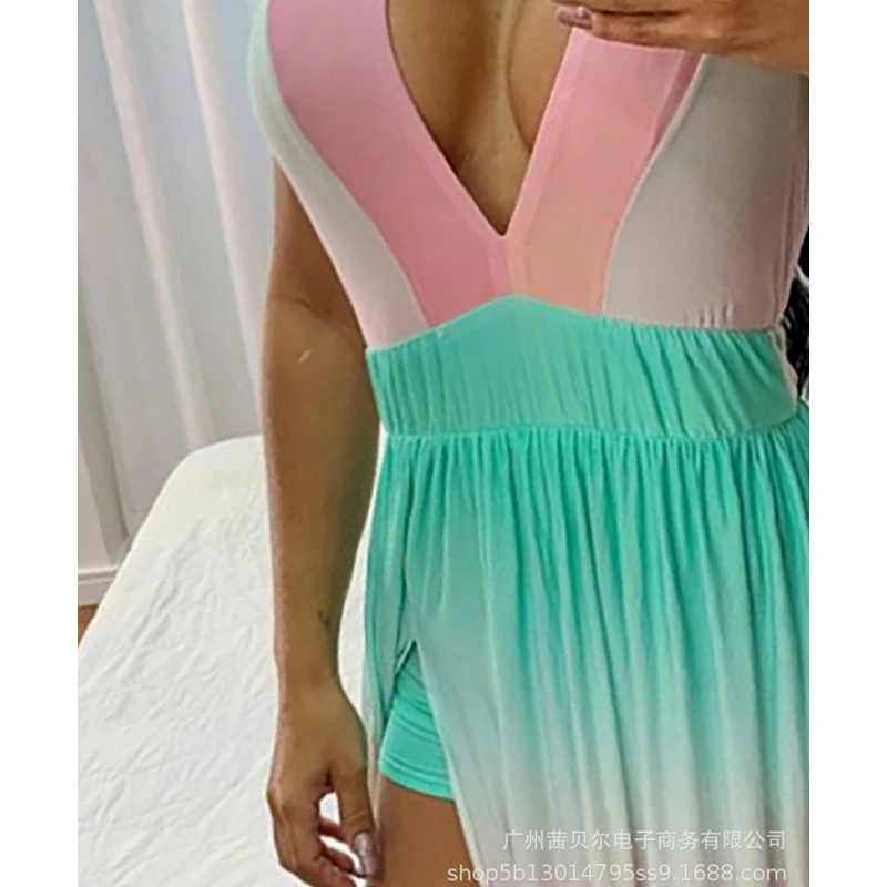 

Mandylandy Dress Summer Sleeveless V-neck Halter High Waist Pleated Patchwork Slit Dress Women's Sexy Gradient Color Slim Dress