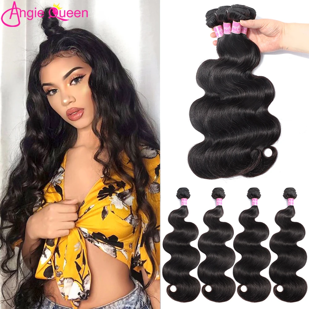 

ANGIE QUEEN Body Wave Human Hair Bundles Malaysia Hair Remy Hair Weft Natural Color 100% Human Hair Weaves 4 Bundles 8'-26'Inch