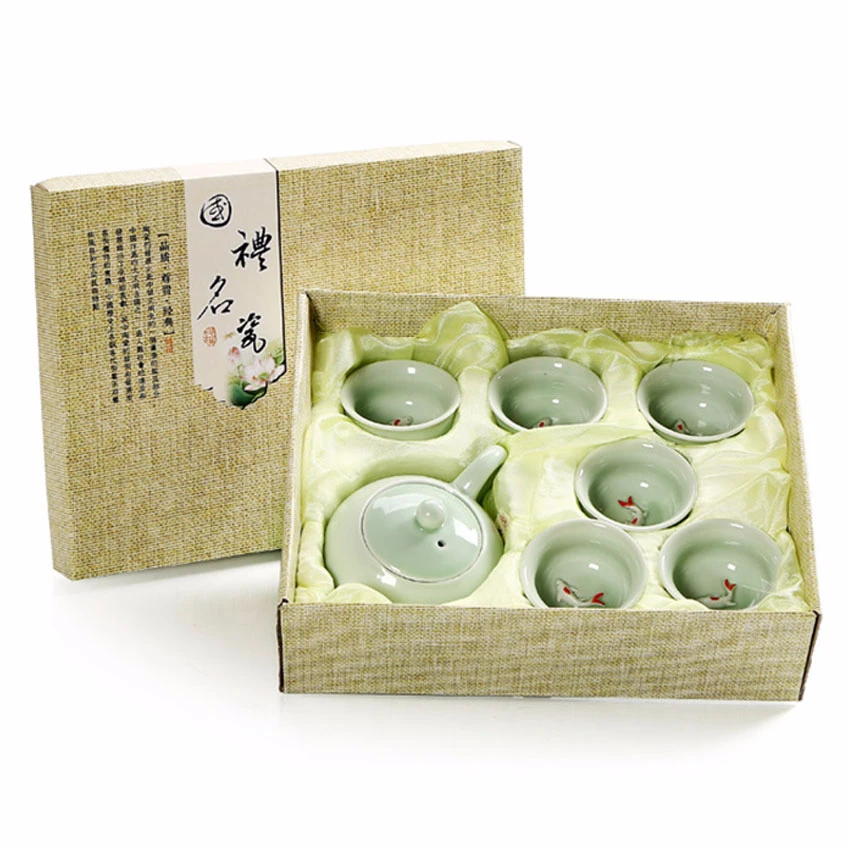 Китайский чайный набор кунг фу посуда 6 чашек 1 горшок фарфоровый чайных с рыбками