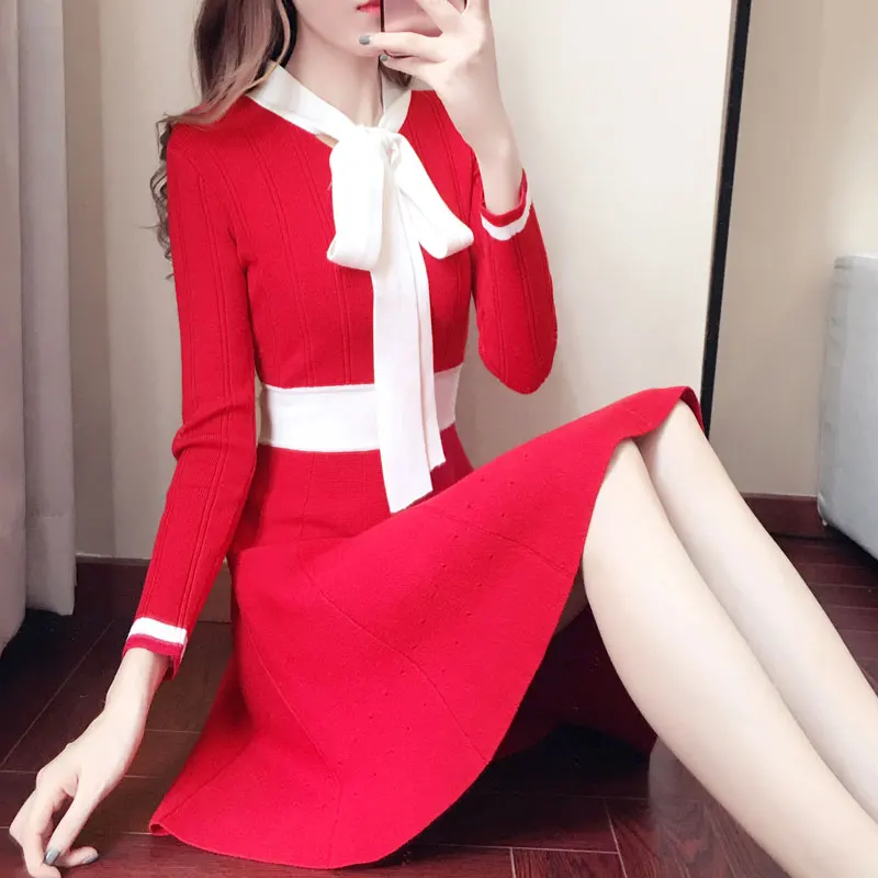 

2020 autumn and winter new small fragrance wind fashion waist knitted sweater dress female bow long sleeve knitted dress spring
