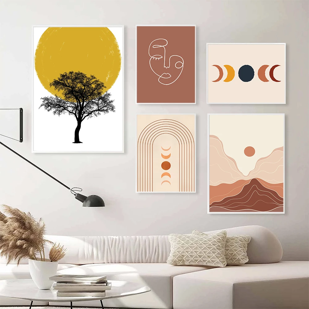 Минималистичная Картина на холсте в стиле бохо с желтым солнцем Настенная