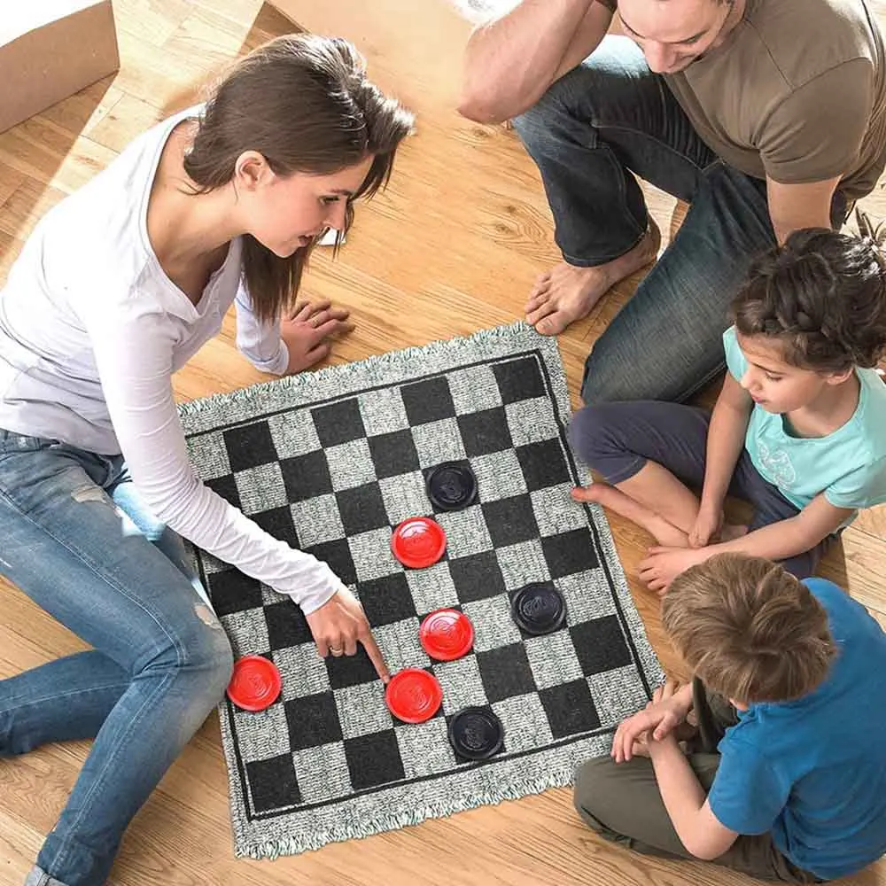 

3in1 Double-Sided Checkers Rug Indoor Outdoor Portable Jumbo Board Game Carpet Reversible Checkered Mat Check Blanket Home Decor