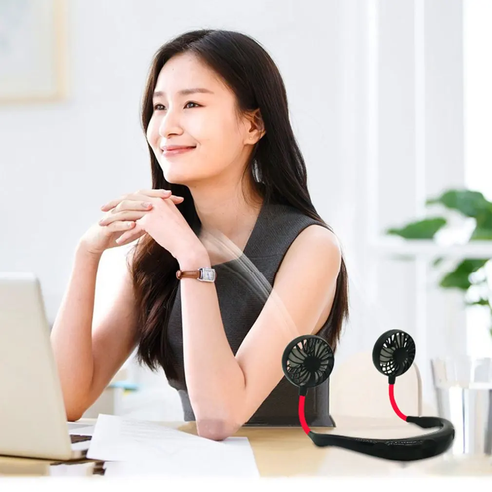 

Small Neck Band Portable Mini Air Fan With Dual Fan USB rechargeable Cooler Fan Lazy Fan