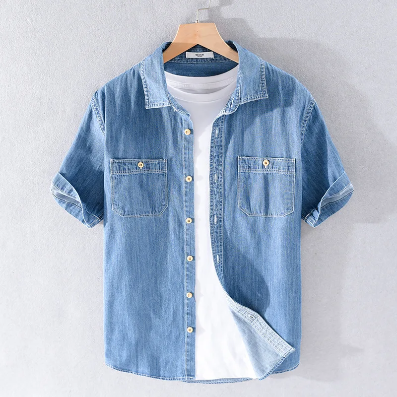 

2021 Summer Men's Casual Denim Short Sleeve Shirt Business Fashion Wild Cotton Double Pocket Shirt Male High-end Brand Slim Tops