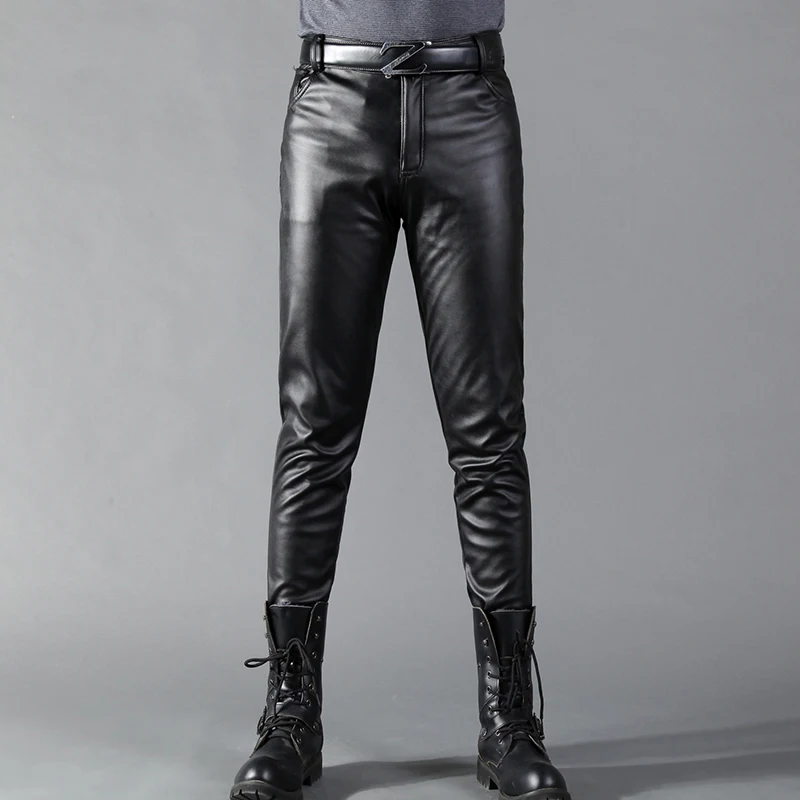 Thoshine Brand Men Leather Pants Skinny Fit Elastic Fashion PU Leather Trousers Motorcycle & Biker Pants Thin Streetwear