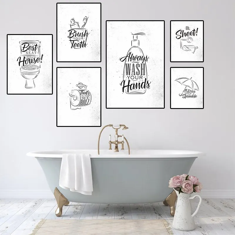 

Brush Teeth Wash Hands Toilet Quote Picture Bathroom Wall Decor Canvas Painting Art Poster Black White Washroom Prints HD2892