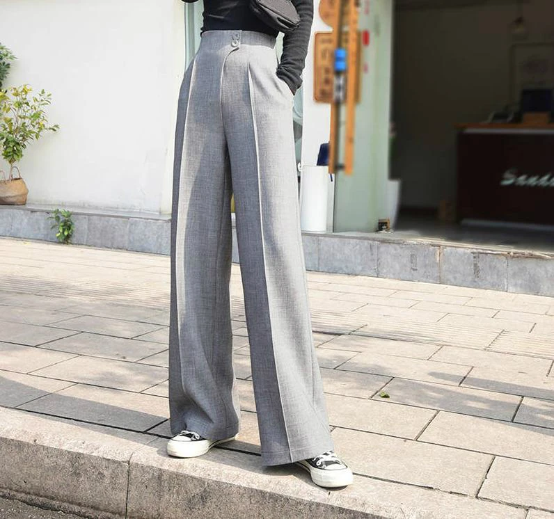 Summer 2021 Female Women High Waisted Wide Leg Grey Black Loose Pants Korean Style Woman Fashion Office Trousers | Женская одежда