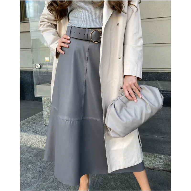 

PU Leather Women's Skirts 2021 Autumn Chic High Waist A-line Ladies Bottoms Female Solid Elegant OL Style Fashion Vestidos