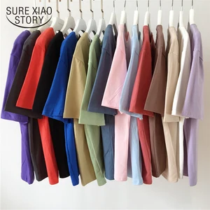 Женская футболка с круглым вырезом, летняя однотонная белая хипстерская футболка с круглым вырезом в Корейском стиле, 5 цветов, 8554, 50