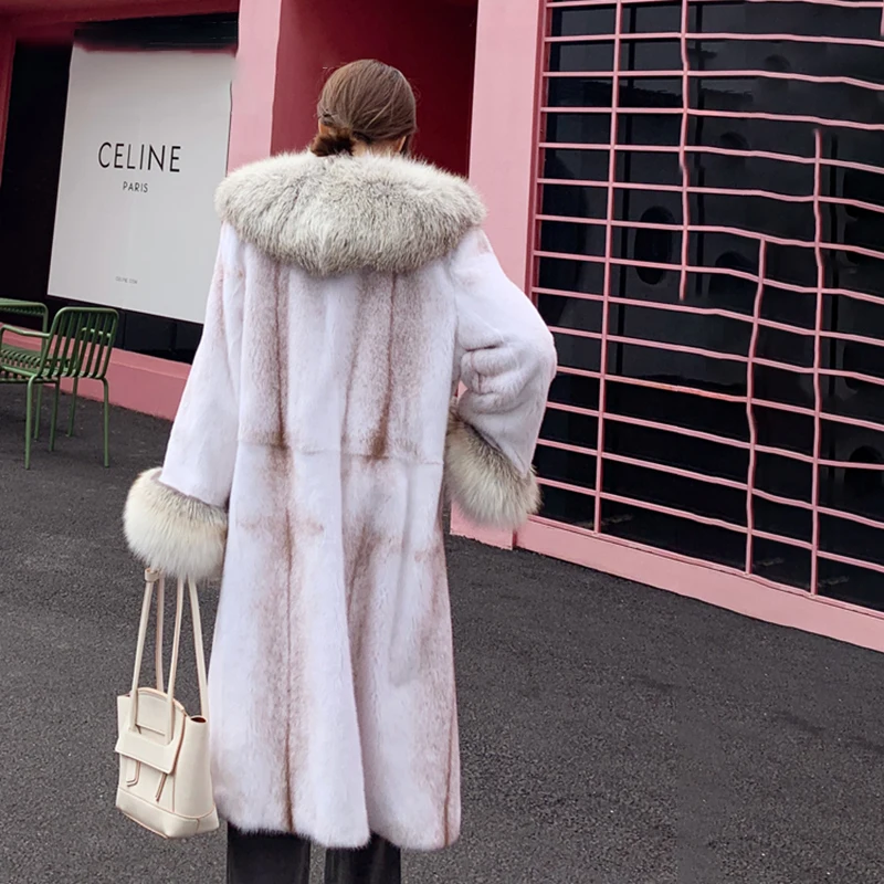 FURSARCAR 2021 New Luxurious Real Mink Fur Jacket Women Winter Natural Golden Fox Fur Coat Fashion Long Mink Outwear