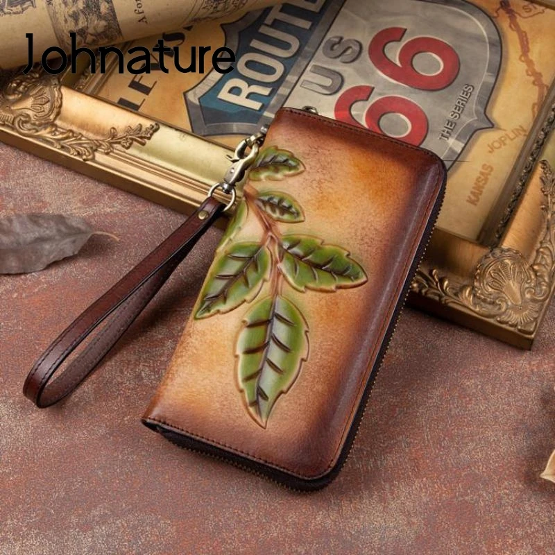 

Johnature Handmade Embossed Retro Women Wallet 2022 New Genuine Leather Hand Painted Phone Purse Leisure Cowhide Card Holder