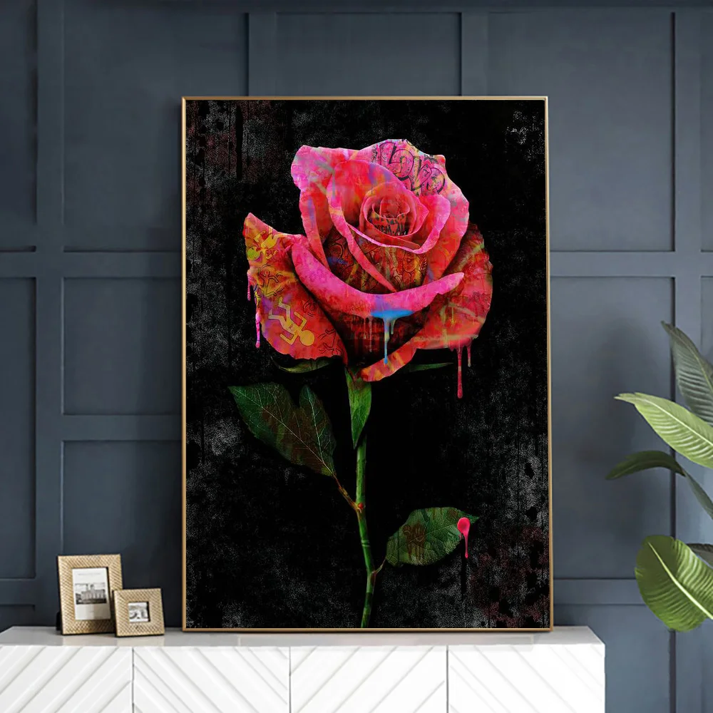 

Modern Graffiti Red Rose Canvas Prints Poster On The Wall Decor Flower Street Art Canvas Painting For Living Room Mural Pictures
