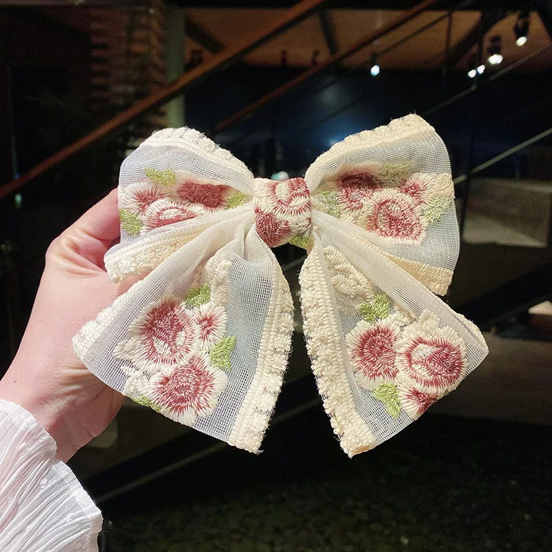 Новая заколка для волос Lystrfac с большим бантом и вышивкой розы женщин девушек