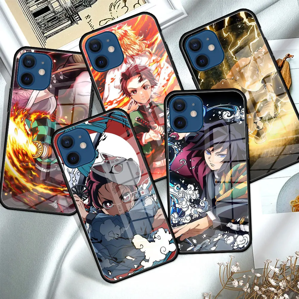 

Glass Case For iPhone 13 Mini 11 12 Pro Max 7 8 + XR X 6 6S Plus XS SE 2020 Soft Edge Phone Covers Anime Cartoon Demon Blade
