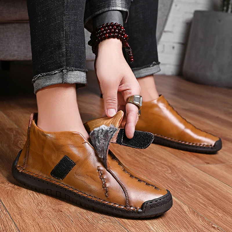 Мужские кожаные ботинки с плюшевой подкладкой черные теплые рабочие до