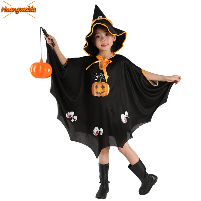 

Horror Witch Costumes Scary Costume Halloween Clothes Pumpkin Cloak Children Halloween Costumes For kids Robe Hat Witch Kids