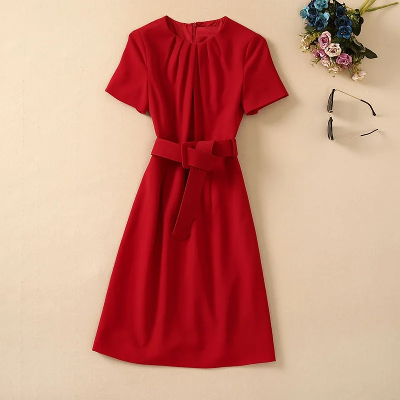 High Quality Brand New Work Dress 2021 Autumn Business Inspired Women O-Neck Belt Deco Short Sleeve Knee-Length Black Red Dress