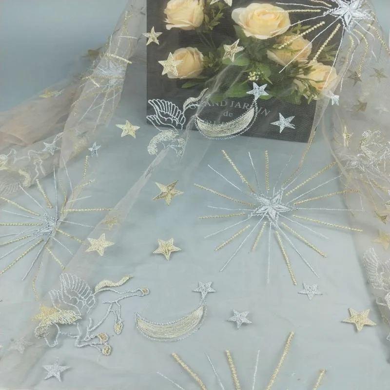 

Star Horse Moon With Gold Silver Thread tulle Mesh African French Lace Fabric In Blue/black/white For Bridal Gowns 1yard