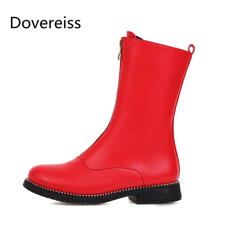 

Dovereiss Fashion Women's Shoes Winter new Sexy Elegant Concise Pure color Mature red white flats Square toe Zipper Short boots