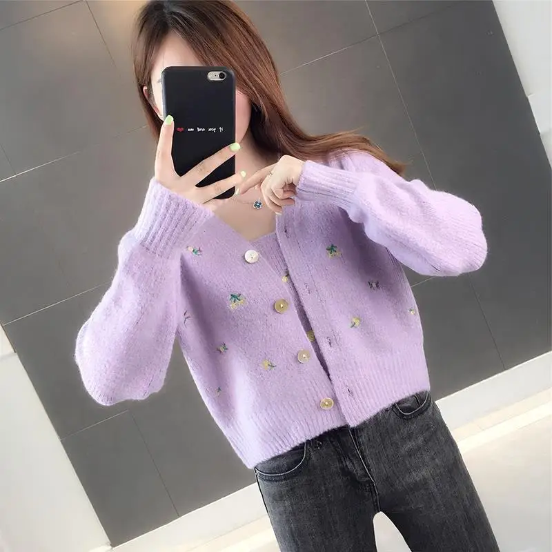 

2021 Knitted Sweater Cardigan Autumn Spring Urban Casual Korean-Style Women's Wear V-neck Slim-Fit Embroidered Flower two-pieces