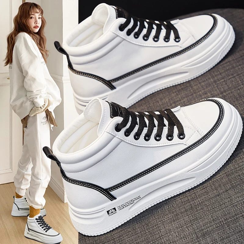 

Женские высокие кроссовки, повседневная обувь на толстой подошве, плоская подошва, удобные прогулочные кеды, белые