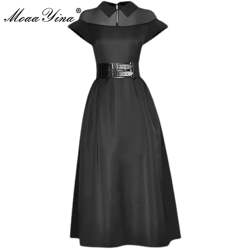 

MoaaYina 2021 Summer Fashion Runway Designer Dress Women Turn-down Collar Patchwork Sashes Black Elegant Midi Dress