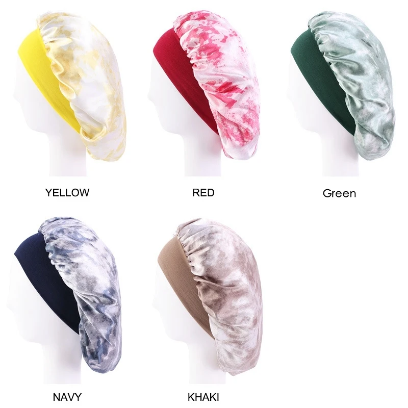 

Tie-Dyed Elastic Hair Cap For Sleeping Wide-Brimmed Round Hat Satin Night Home Haircaring Turban Makeup Beauty Bonnet