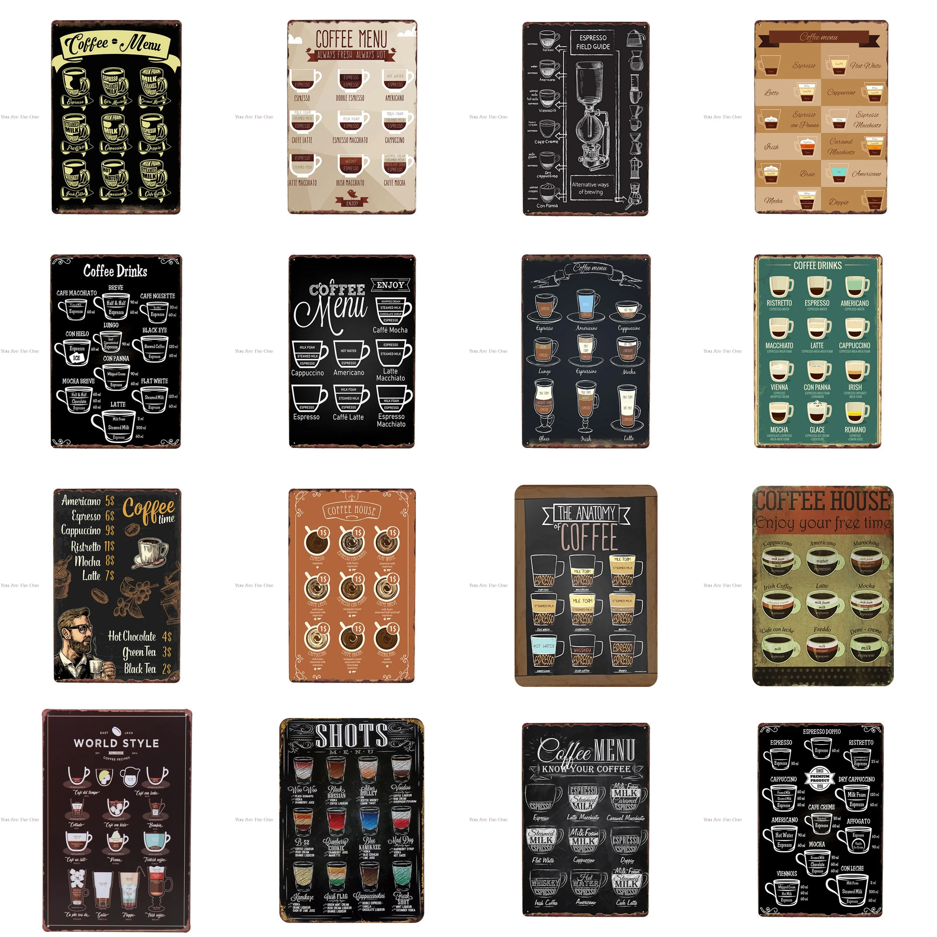 Винтажные металлические жестяные знаки с кофейным меню для кафе Классическая
