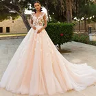 Свадебное платье трапециевидной формы с круглым вырезом и длинными рукавами, на пуговицах, со стразами и бисером, аппликация из цветов 2021, платье невесты до пола