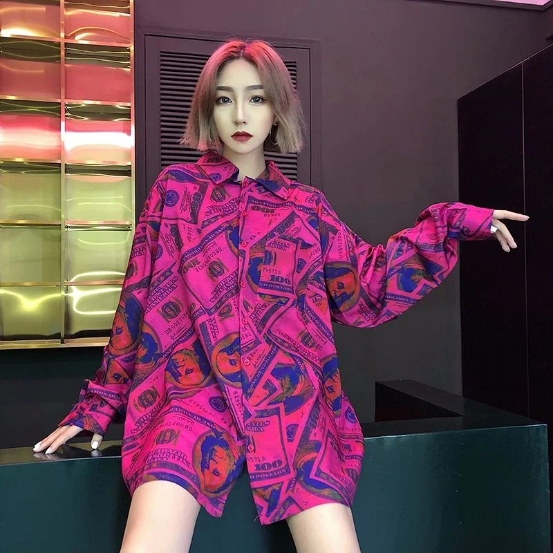 

Loose Oversized Blouses Female Top Loose BF Korean Style Blusas Pockets vintage Dollar stamp streetwear album tee Women Shirts