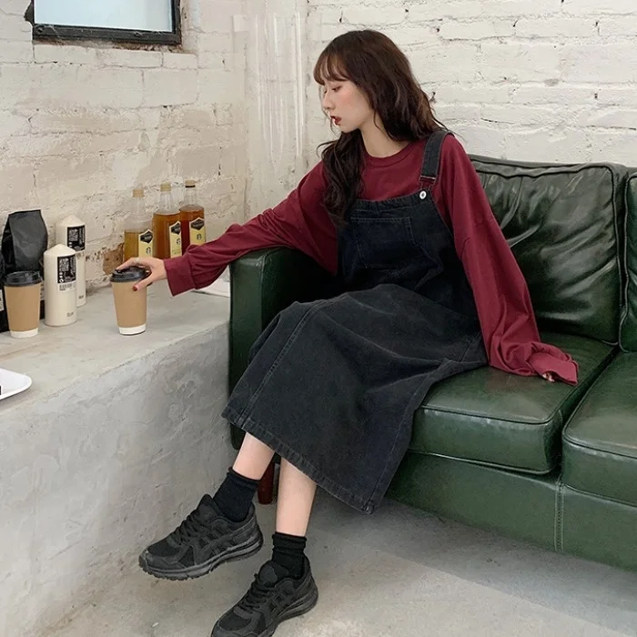 

Свободная Студенческая джинсовая юбка на подтяжках в стиле ретро, новинка 2021, Повседневное платье средней длины, весна и осень