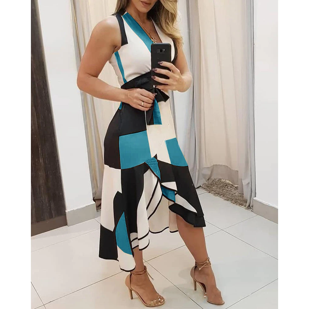 

Sexy Women 's Deep V - neck Empire Belt dress Geometric Printing irregular Office